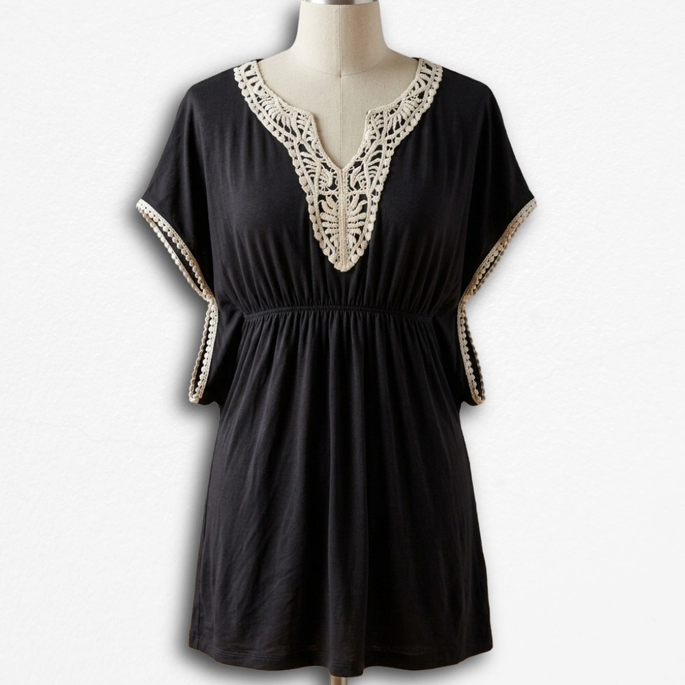 Forever Black Crochet Lace V-Neck Empire Waist Boho Mini Dress‎ Tunic Women